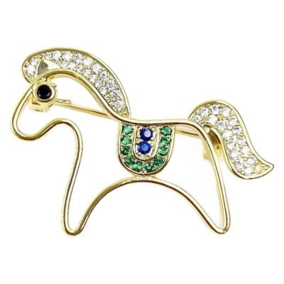 Vintage Style Gold Horse Brooch Open Wire Design with Clear Green & Blue Rhinestones Perfect for Suits & Coats