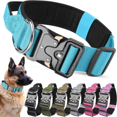 Collare per cani in nylon con fibbia in metallo, imbottito e regolabile, set con guinzaglio per cani di taglia media e grande, per addestramento.