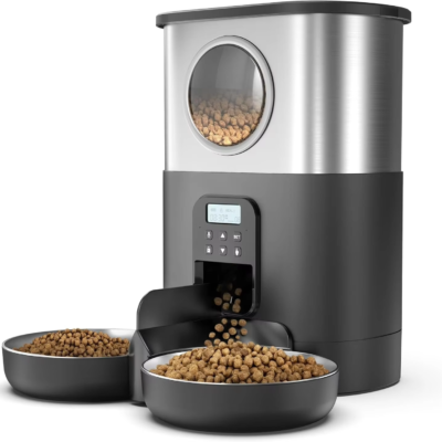 5L Automatic Cat Food Dispenser for Two Cats, Stainless Steel with 2 Bowls, Timed Dispenser for Dogs and Cats, Dry Food Dispenser for Pets