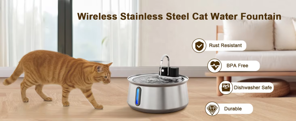 Rust-resistant and ultra-quiet stainless steel wireless cat water fountain