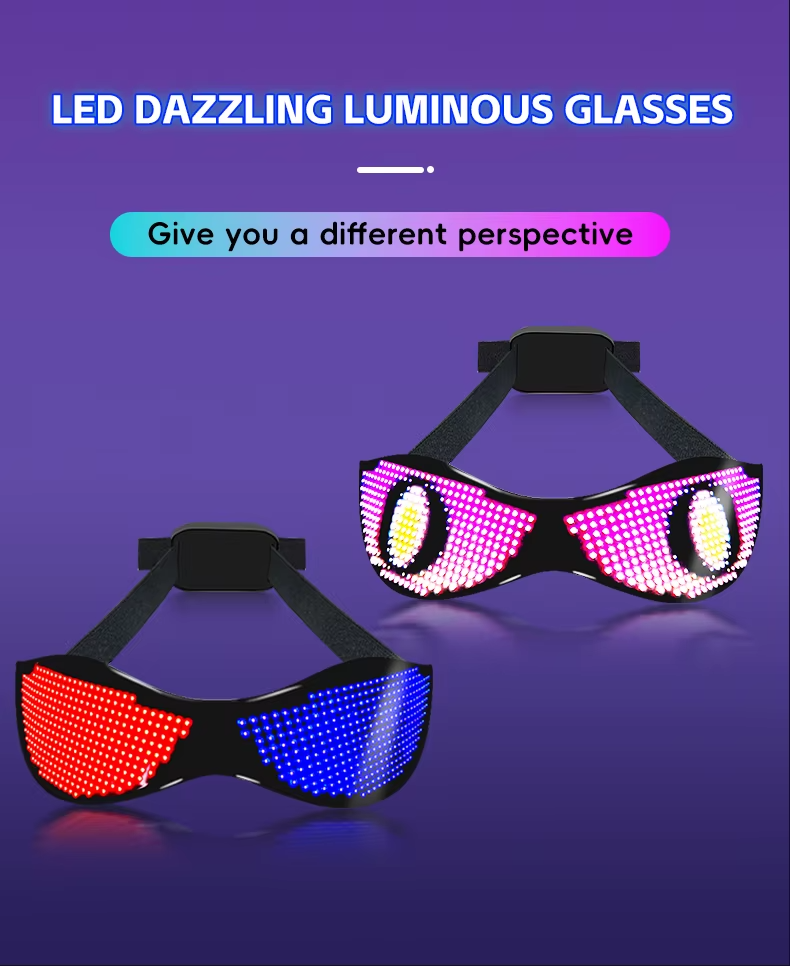 Programmable RGB LED party glasses with mobile app control for music festivals and raves