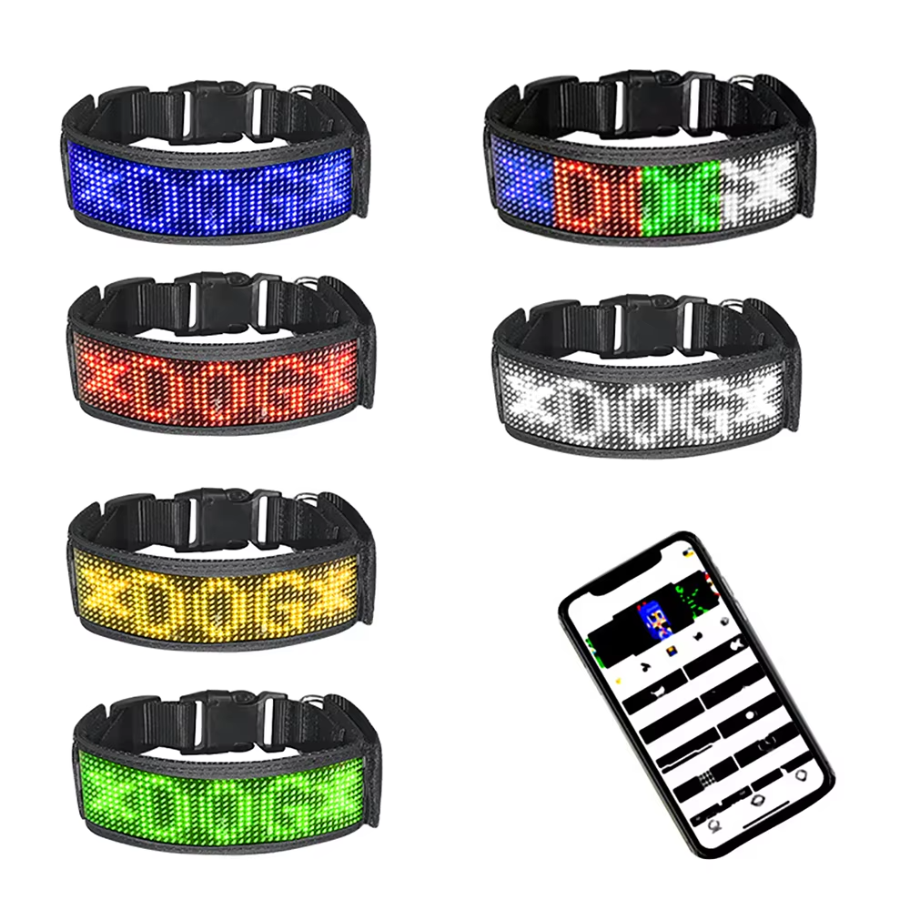 Programmable smart LED dog collar with Bluetooth app control and multi color light up display