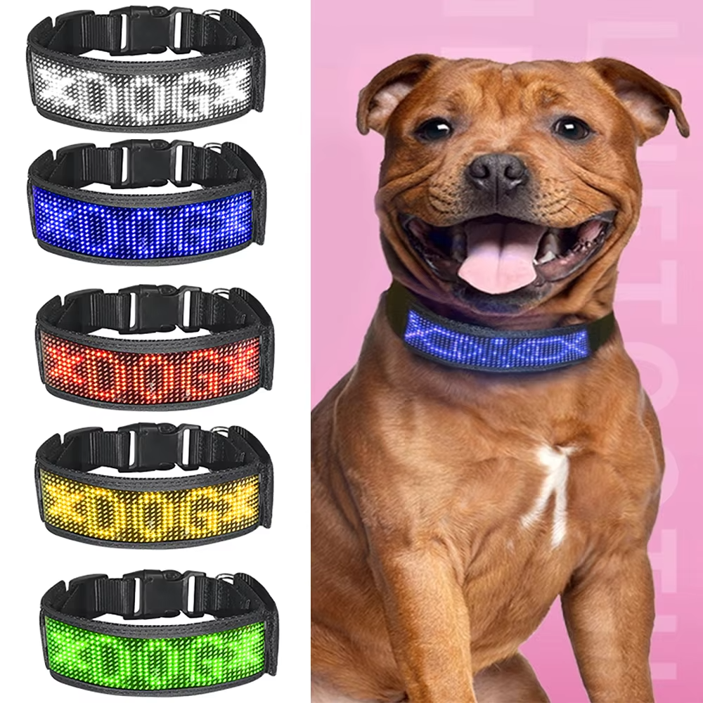Brown dog wearing blue smart LED collar next to multi color light up pet collar display options