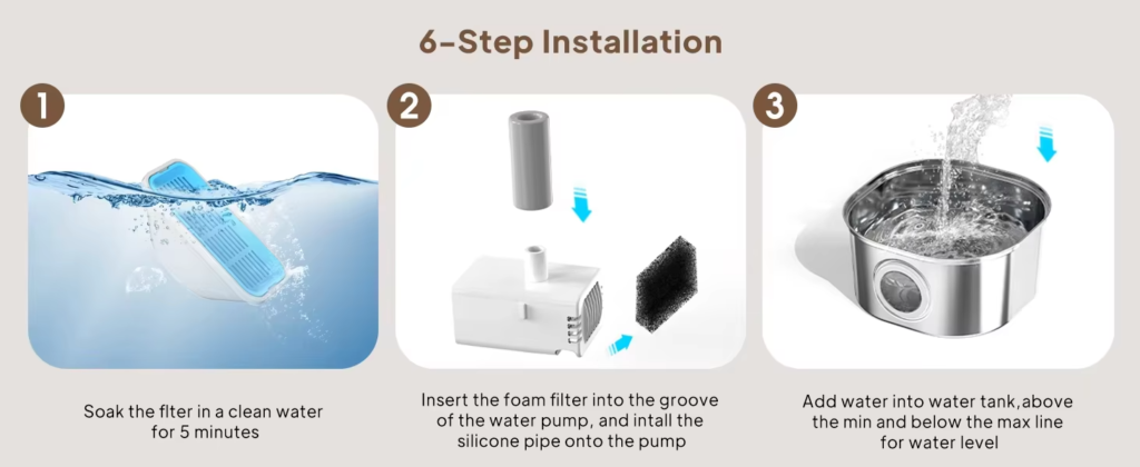 6-step installation guide for wireless cat water fountain: soaking the filter, inserting the pump, and adding water
