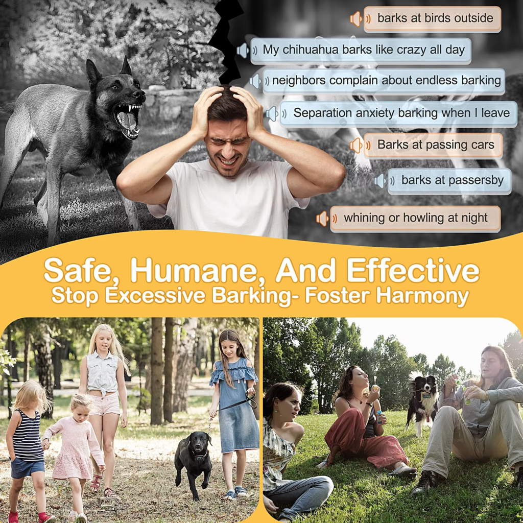 Smart dog anti bark collar showing humane vibration and beep modes for effective dog training.
