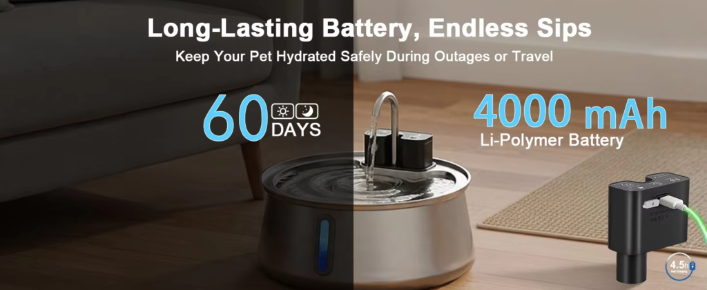 Wireless stainless steel cat water fountain with 4000mAh rechargeable battery