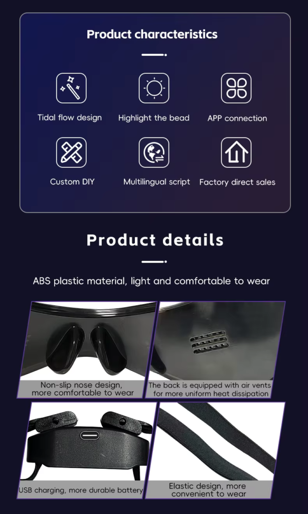 Product features of RGB LED smart glasses: app-controlled, DIY dynamic display, and full-color RGB party lighting for music festivals.