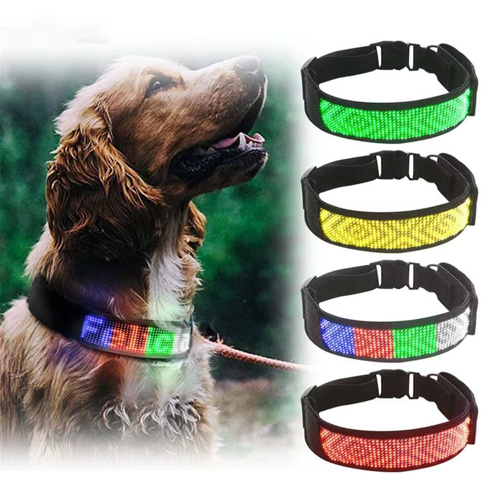 Golden retriever wearing custom programmable smart LED dog collar with multi color lighting display