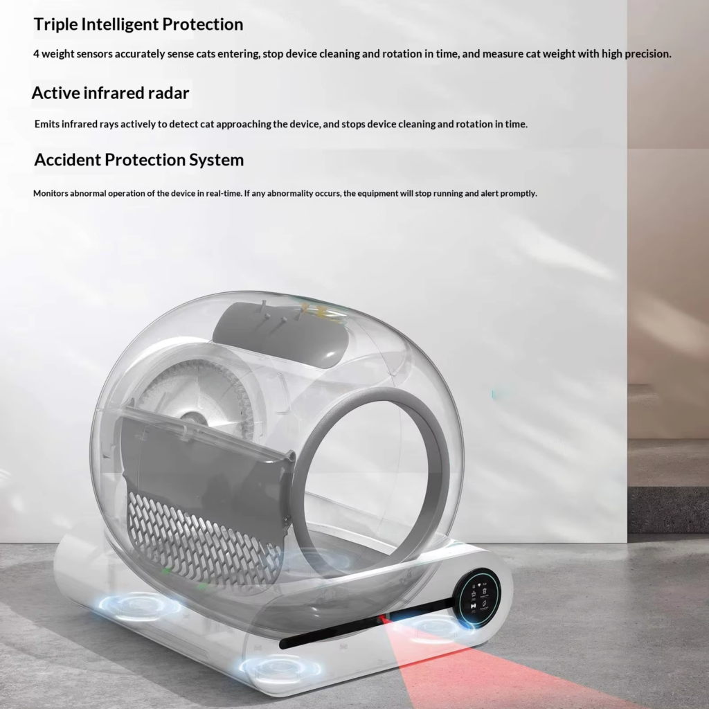 Automatic cat litter box with triple intelligent protection and safety radar system