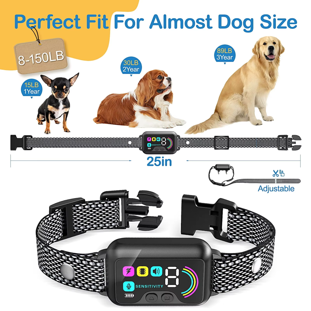 Adjustable smart dog bark collar for all breeds, fits dogs 8-150 lbs, humane vibration and beep training modes.