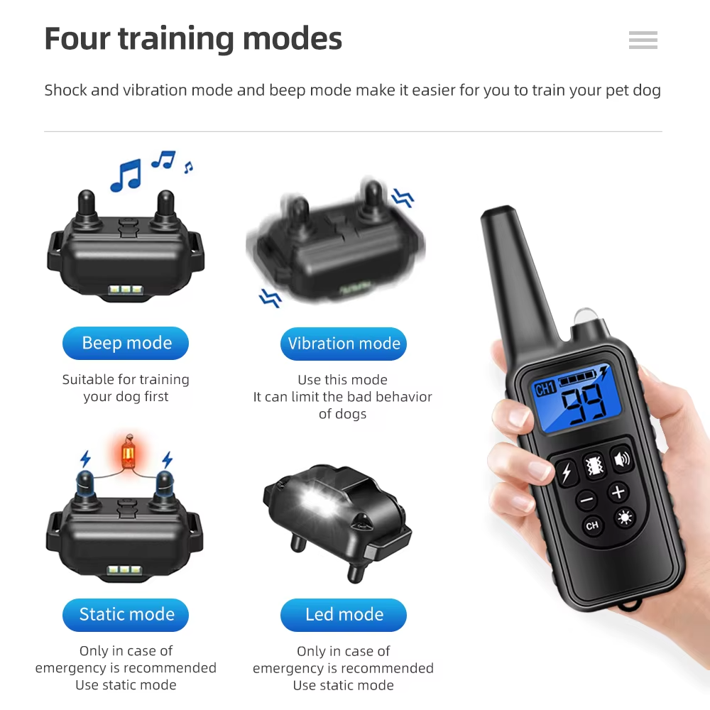 Dog training collar remote with 4 modes: light, sound, vibration, and shock for effective pet behavior training