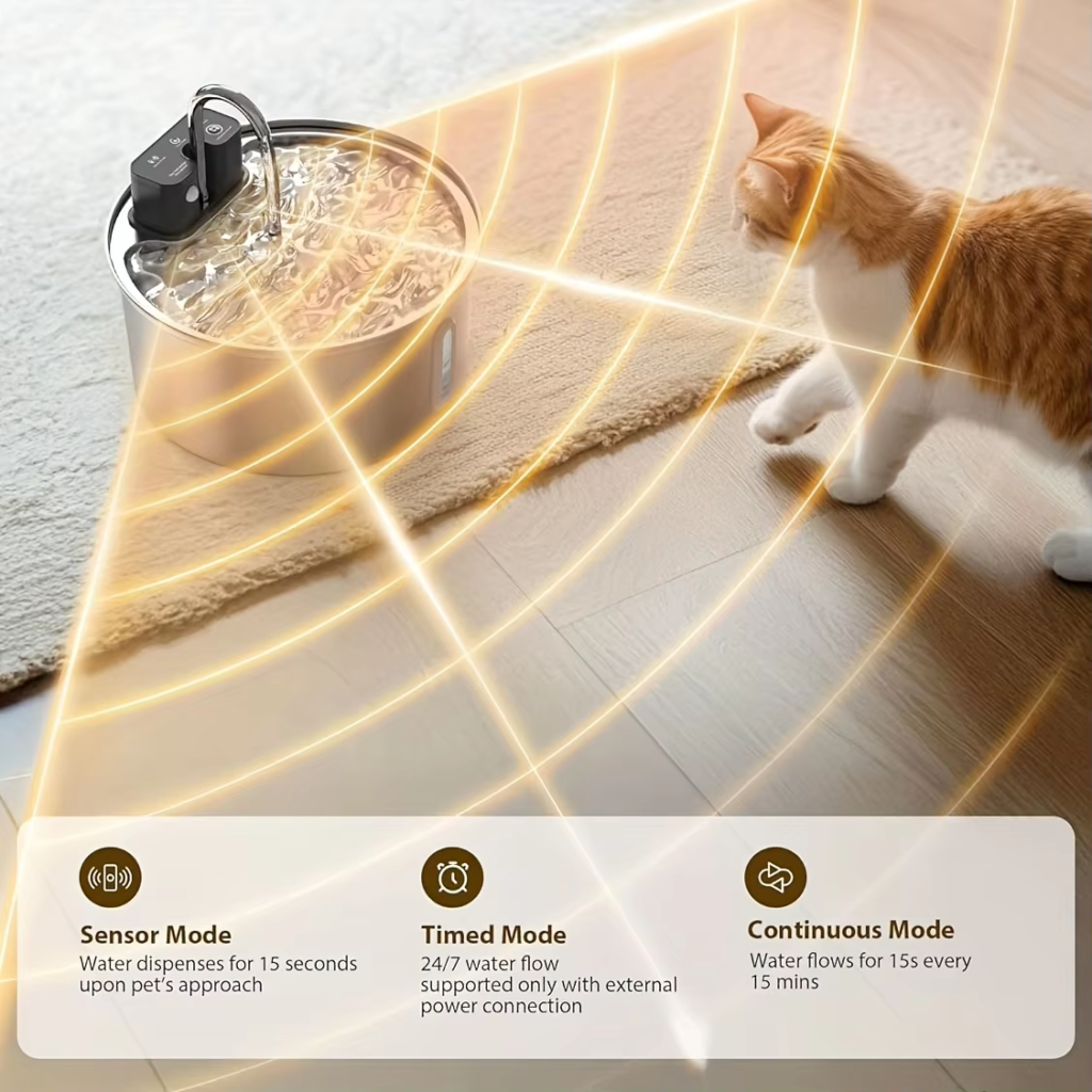 Wireless stainless steel cat water fountain showing 3 functional modes: sensor, timed, and continuous flow