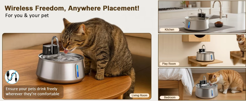 Wireless stainless steel cat water fountain with 4000mAh rechargeable battery