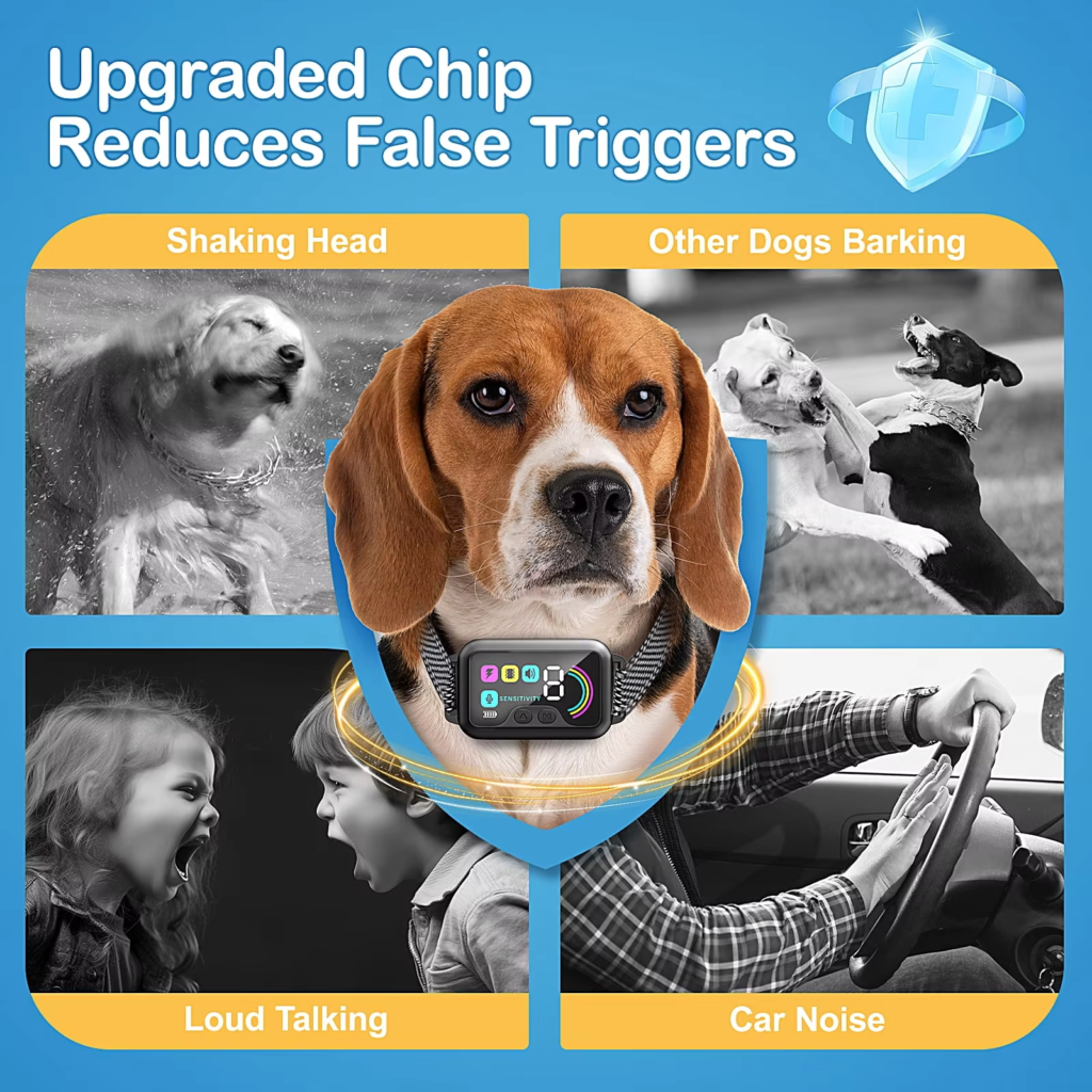 Smart dog bark collar with upgraded intelligent chip for accurate detection and false trigger reduction in noisy environments.