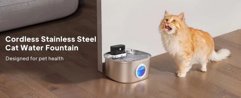 Cordless stainless steel cat water fountain for pet health, featuring a sleek design suitable for modern homes