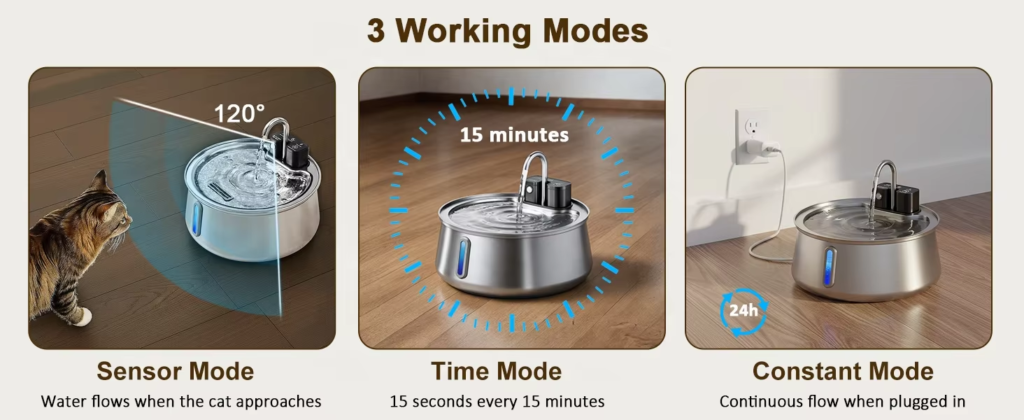 Wireless stainless steel cat water fountain with 3 working modes: sensor, time, and constant flow