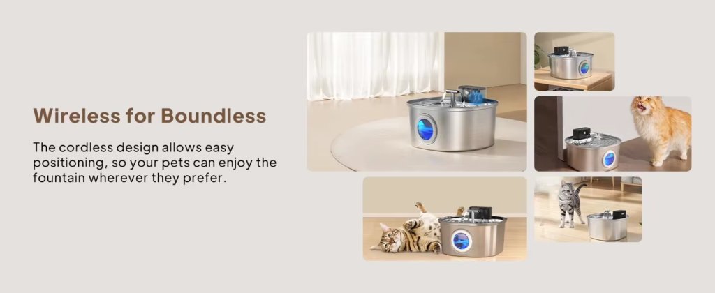 Wireless stainless steel cat water fountain with portable design, allowing for flexible placement anywhere in your home