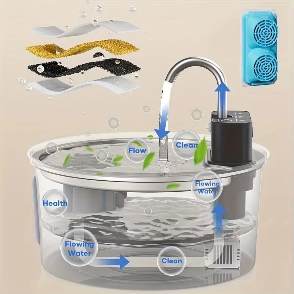Wireless stainless steel cat water fountain filtration system with multi-layer water purification process