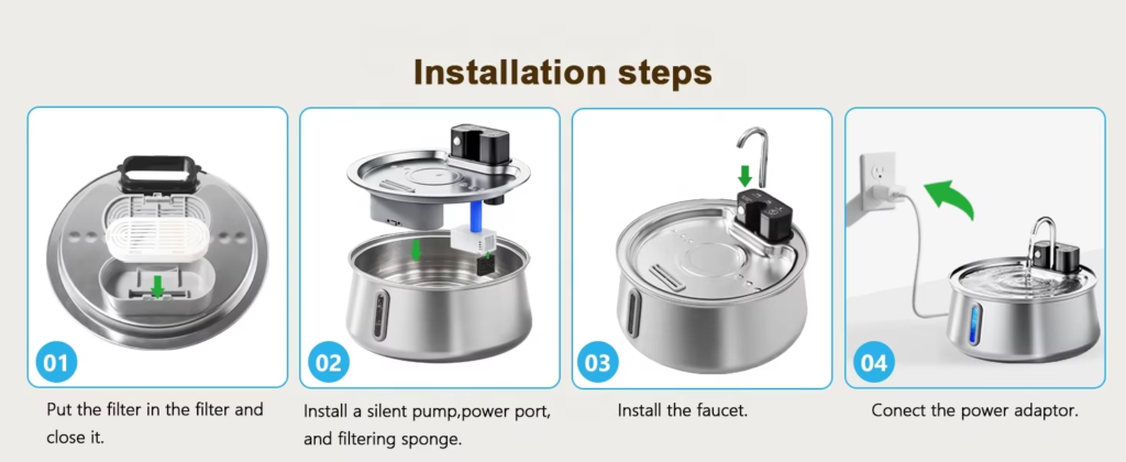 Installation steps for stainless steel wireless cat water fountain: filter setup, pump assembly, faucet connection, and power adapter