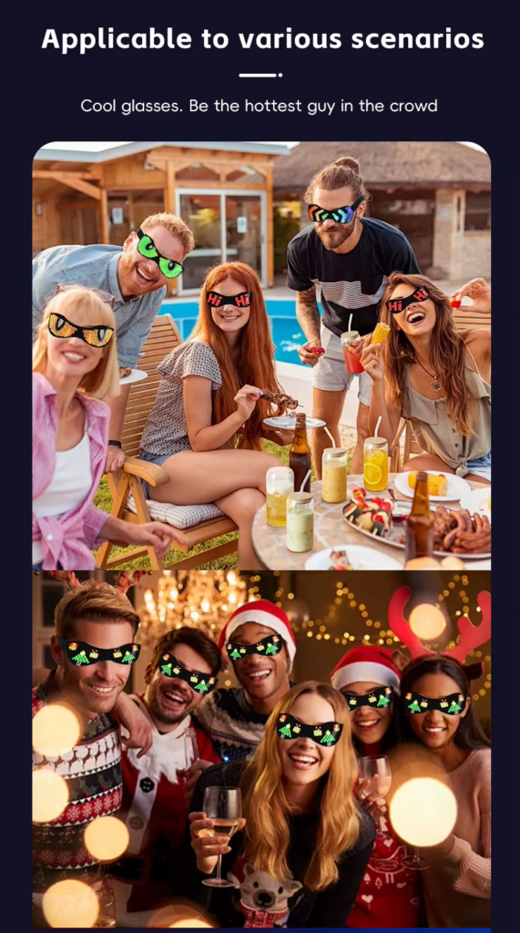 People wearing programmable RGB LED party glasses at a festival, showcasing dynamic app-controlled displays.