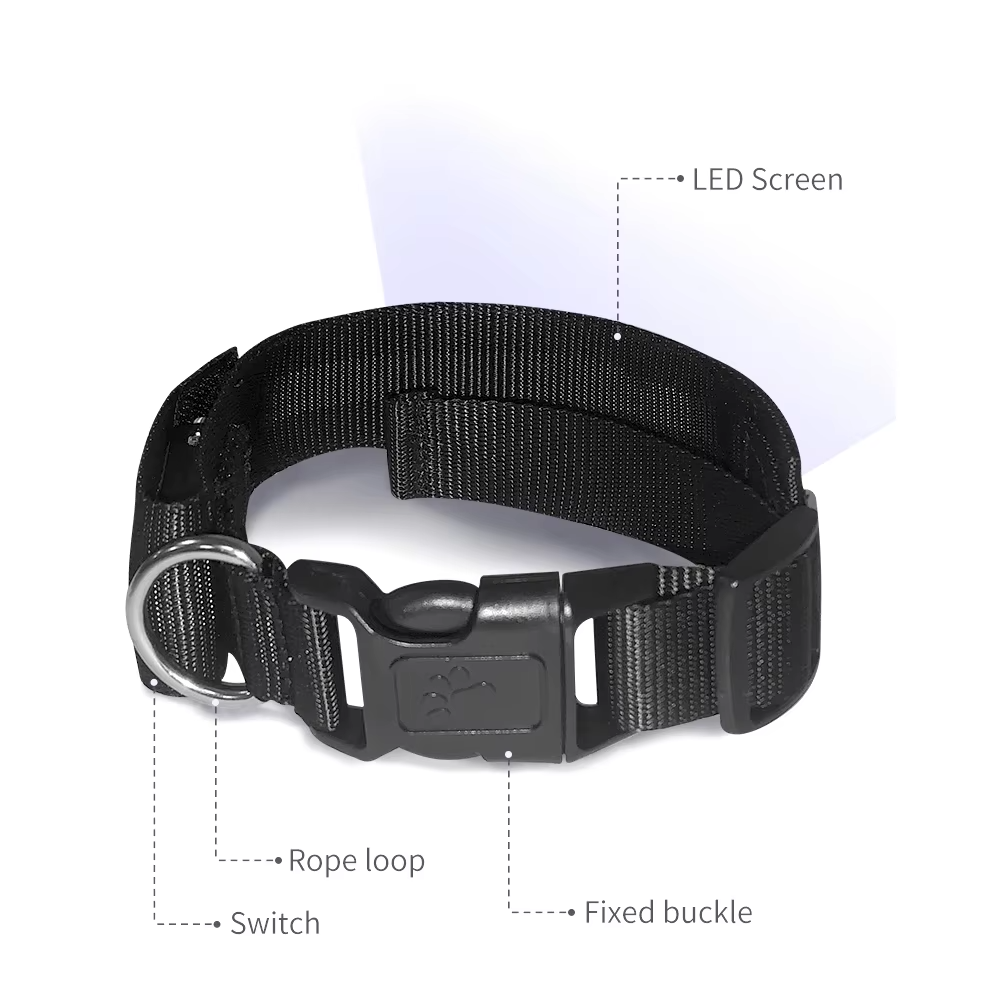 Hardware structure diagram of smart LED dog collar showing LED screen switch and buckle details