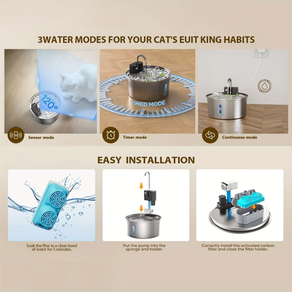 Wireless stainless steel cat water fountain featuring 3 water modes and easy installation guide