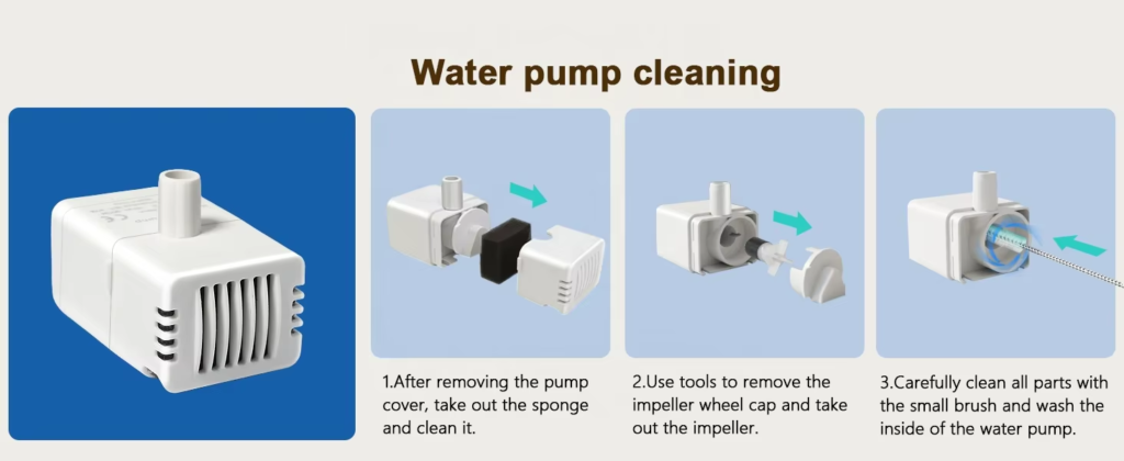 Cleaning steps for stainless steel cat water fountain pump: remove sponge, clean impeller, and wash interior