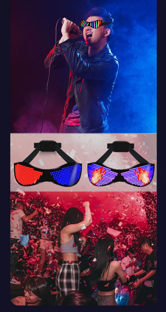 Person wearing programmable RGB LED smart glasses with dynamic app-controlled patterns at a party.