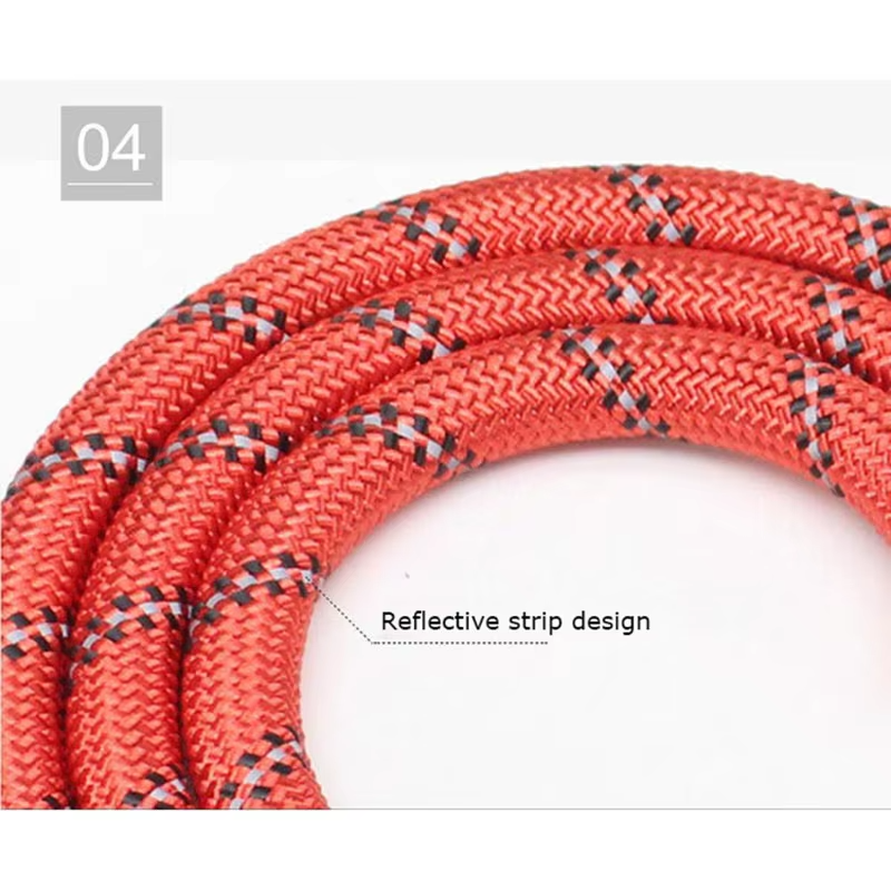 Close up of red custom reflective nylon dog leash with encryption stitch sewing and reflective strip design