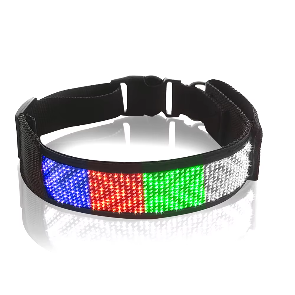 Black smart LED dog collar with multi color light up dot matrix display