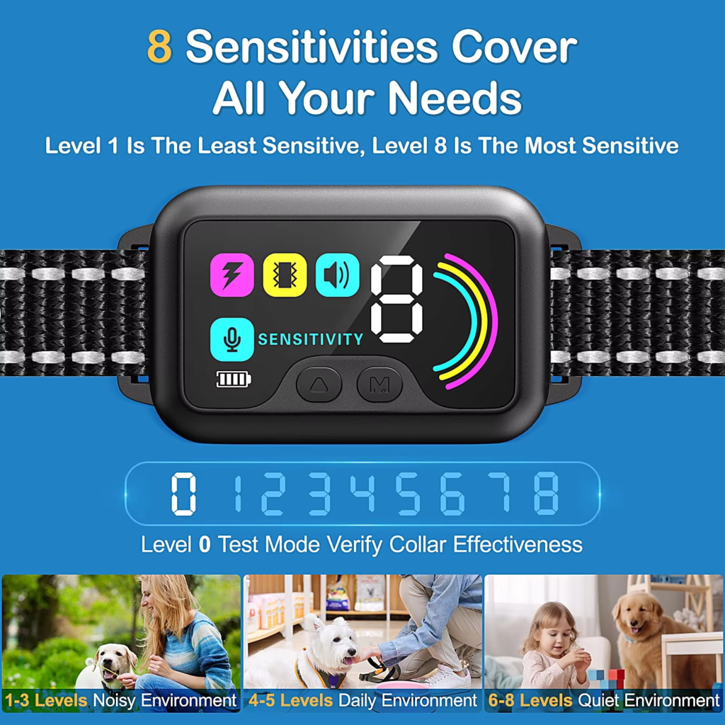 Smart dog bark collar with 8 adjustable sensitivity levels for customized noise detection in noisy, daily, or quiet environments.