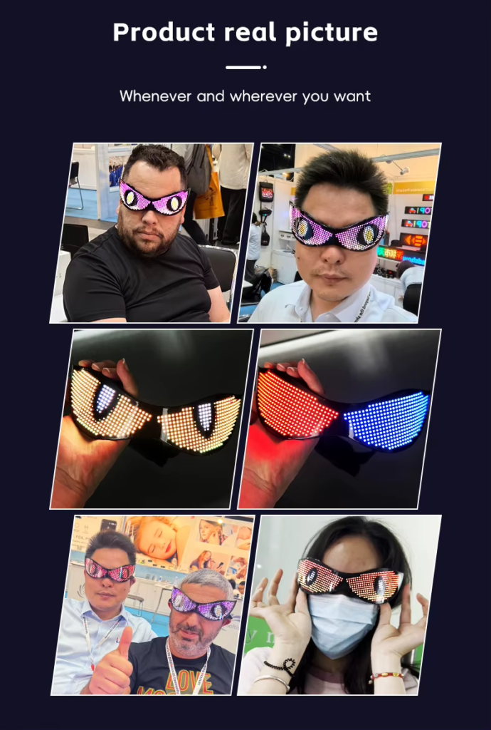 RGB LED party glasses featuring app-controlled customizable text and patterns for raves and music festivals.ð¡ 为什么这样写：