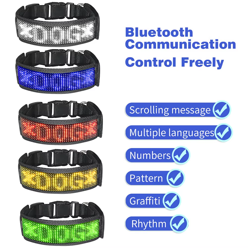 Smart LED dog collar with Bluetooth communication app control features for scrolling message pattern and graffiti