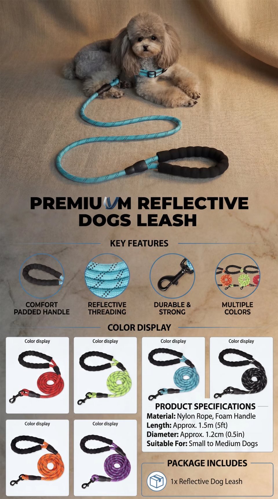 Premium reflective nylon dog leash with heavy duty foam handle and multi color display