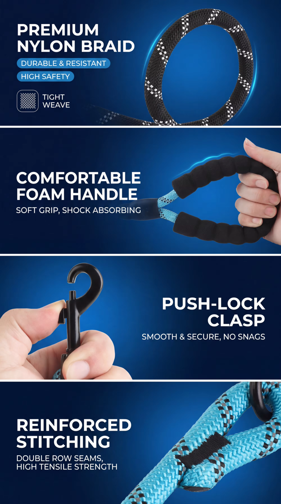 Heavy duty nylon dog leash with comfortable foam handle push lock clasp and reinforced stitching details